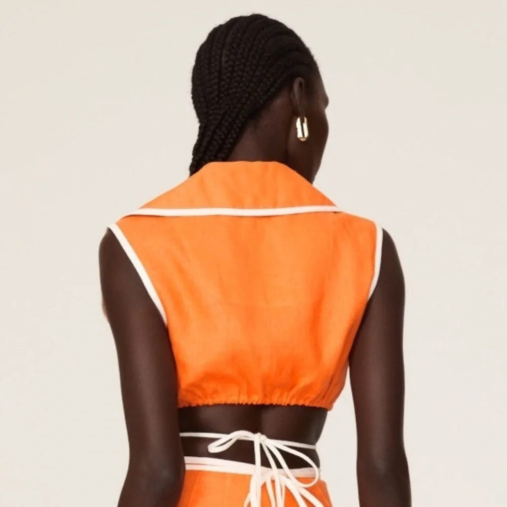 Matthew Bruch - Tie Waist Crop Top - Orange White Linen - Sz 4- RTR - Picture 3 of 13